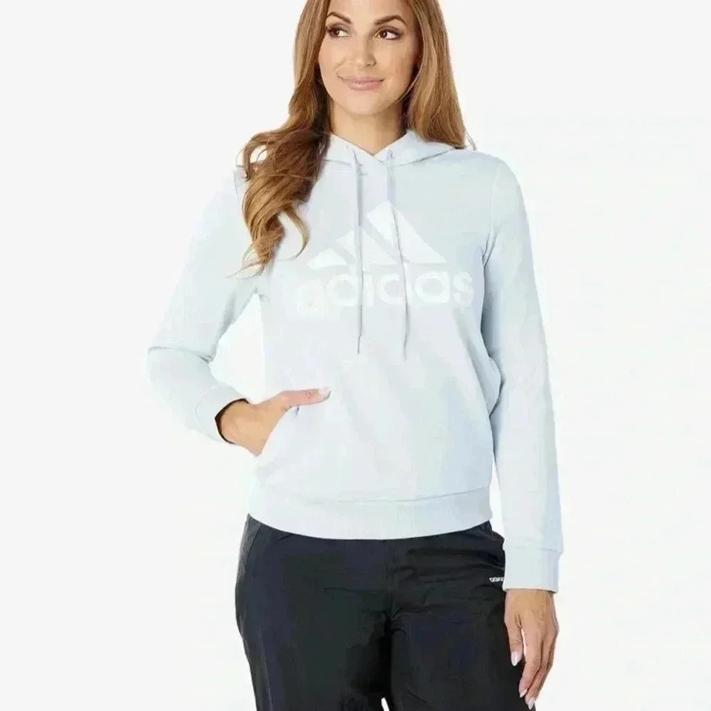 ADIDAS WOMENS BIG LOGO FLEECE LIGHT BLUE PULLOVER HOODIE XL